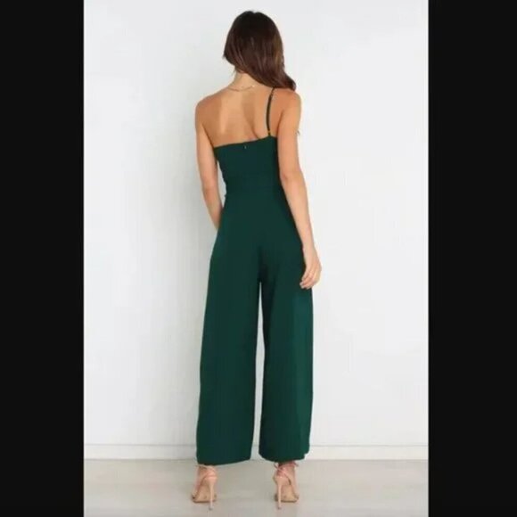 Petal & Pup Leyton Emerald Green One Shoulder Wide Leg Belted Jumpsuit 12 - Picture 3 of 11